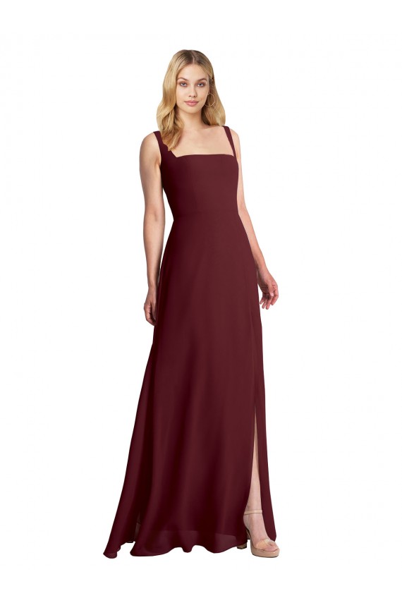 Square Neckline Soft A-Line Chiffon Bridesmaid Dress with Side Slit for Sale