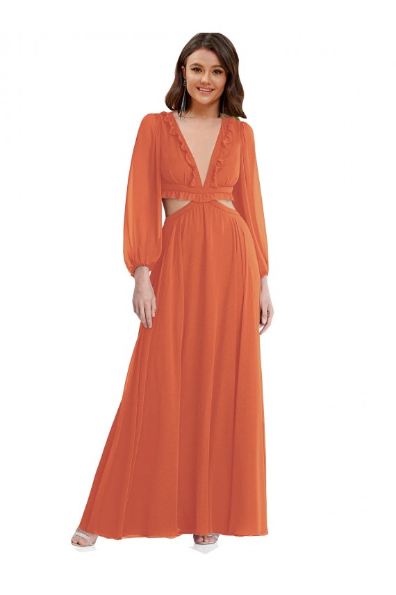 High Low Ruffled Long Chiffon Cutout Bishop Sleeves Maxi Bridesmaid Dress for Sale