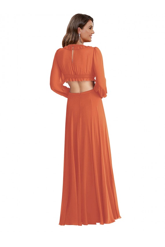 High Low Ruffled Long Chiffon Cutout Bishop Sleeves Maxi Bridesmaid Dress for Sale