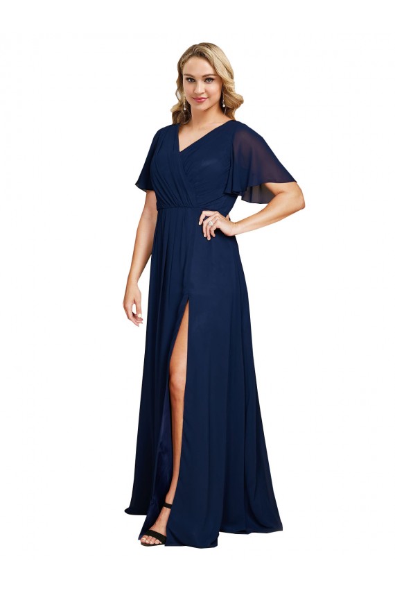 Chiffon V-Neck Short Sleeves Long Formal Bridesmaid Dress / Prom Dress with High Slit for Sale