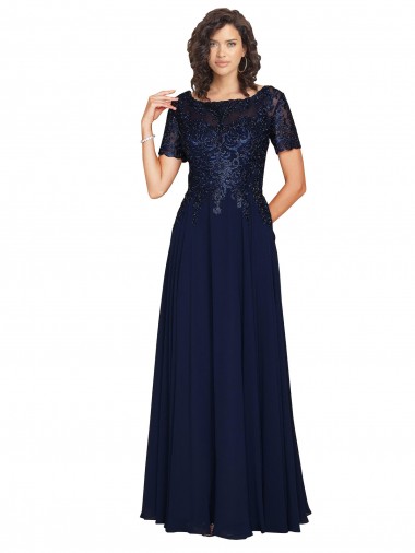 Short Sleeves A-Line Long Chiffon Bridesmaid Dress / Prom Dress with Beaded Bodice for Sale