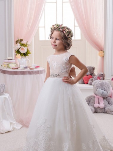Ivory Ball Gown Bateau Neck Chapel Train V-Back Flower Girl Dress for Sale