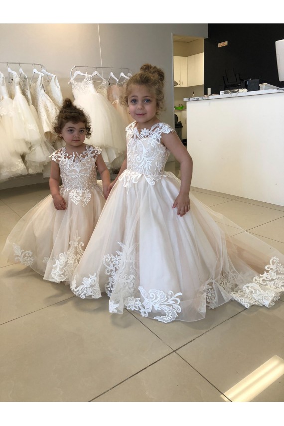 Ivory Ball Gown Chapel Train Sleeveless V-Back Flower Girl Dress for Sale