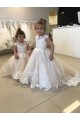 Ivory Ball Gown Chapel Train Sleeveless V-Back Flower Girl Dress for Sale