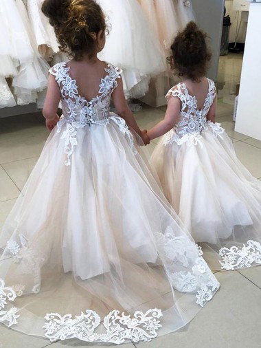 Ivory Ball Gown Chapel Train Sleeveless V-Back Flower Girl Dress for Sale