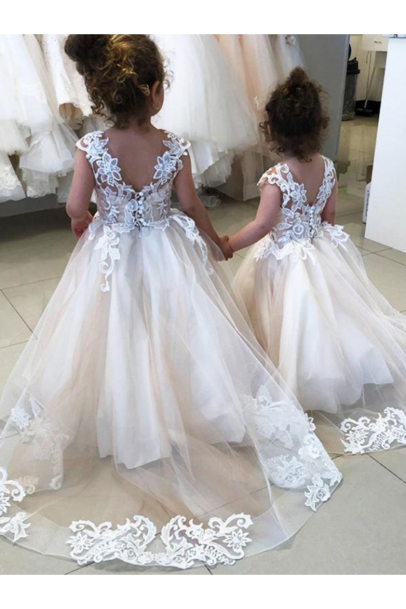 Ivory Ball Gown Chapel Train Sleeveless V-Back Flower Girl Dress for Sale