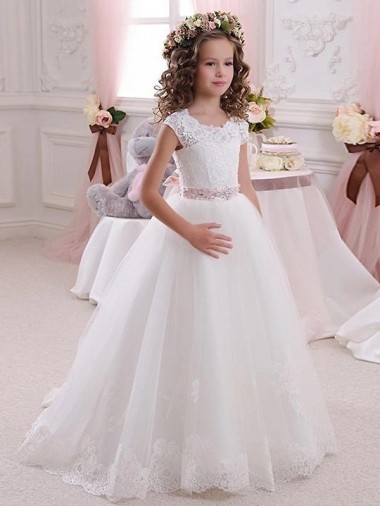 Ivory Ball Gown High Neck Floor Length Keyhole Back Flower Girl Dress for Sale