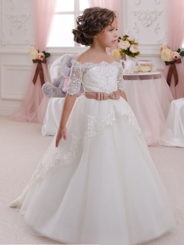 Ivory Ball Gown High Neck Floor Length Short Sleeve Flower Girl Dress for Sale