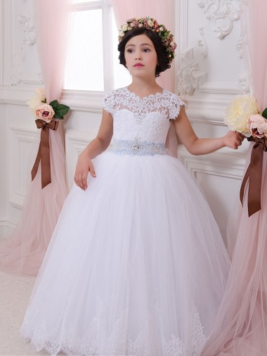 Ivory Ball Gown Sweetheart Chapel Train Cap Sleeve Flower Girl Dress for Sale