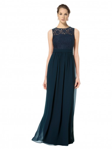 Long Chiffon Bridesmaid Dress with Lace Sleeveless Bodice and Keyhole Back for Sale