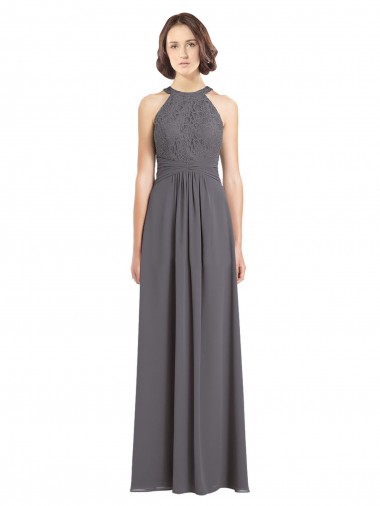 Long Chiffon Bridesmaid Dress with Corded Lace Bodice for Sale