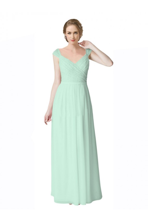 Long Chiffon Bridesmaid Dress with Corded Lace V-Neck Bodice for Sale