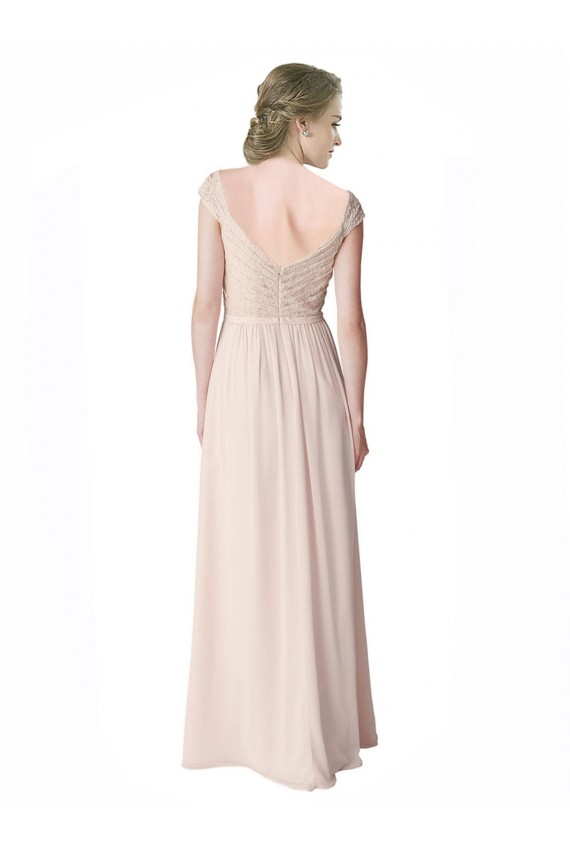 Long Chiffon Bridesmaid Dress with Corded Lace V-Neck Bodice for Sale