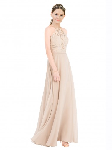 High Halter Neck Illusion Lace Bridesmaid Dress / Prom Dress with Chiffon Skirt and Keyhole Back for Sale