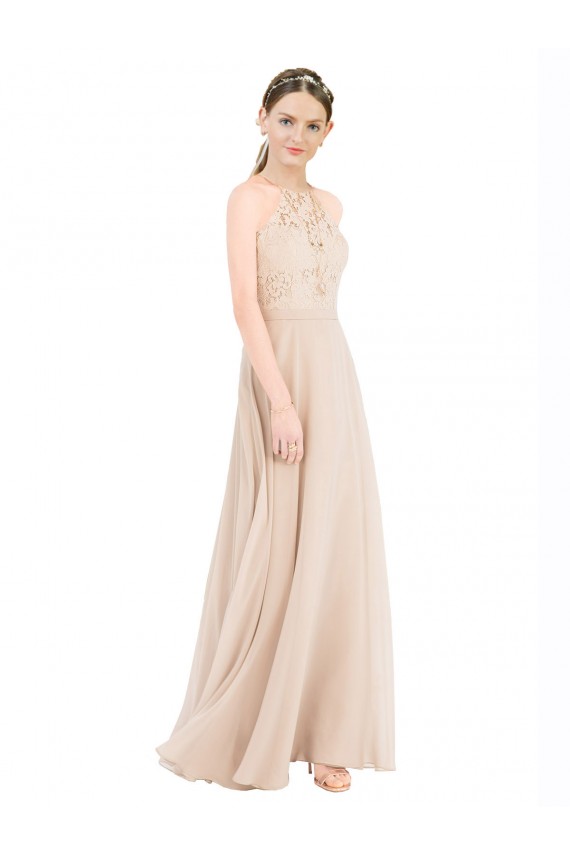 High Halter Neck Illusion Lace Bridesmaid Dress / Prom Dress with Chiffon Skirt and Keyhole Back for Sale