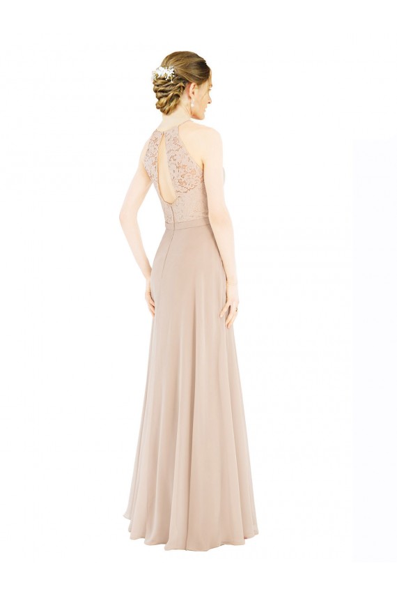 High Halter Neck Illusion Lace Bridesmaid Dress / Prom Dress with Chiffon Skirt and Keyhole Back for Sale