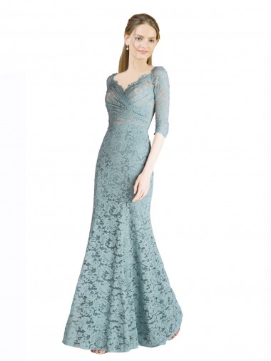 Half Sleeves Pleated Lace Bridesmaid Dress / Prom Dress with Wrap-Around Portrait Neckline for Sale