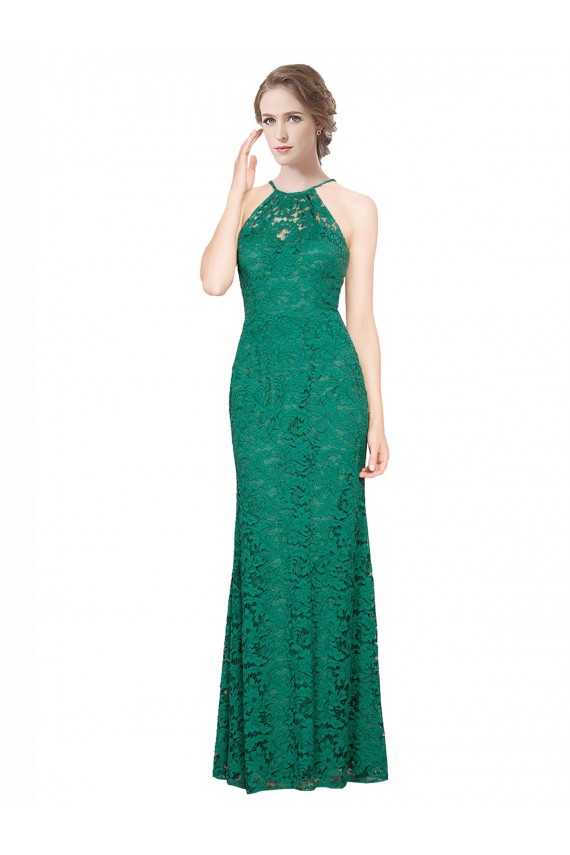 High Illusion Halter Neck Long Lace Bridesmaid Dress / Prom Dress for Sale