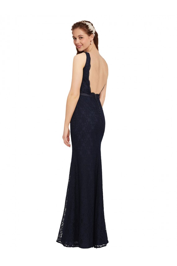 Lace Bridesmaid Dress with Satin Waistband and Open Back for Sale