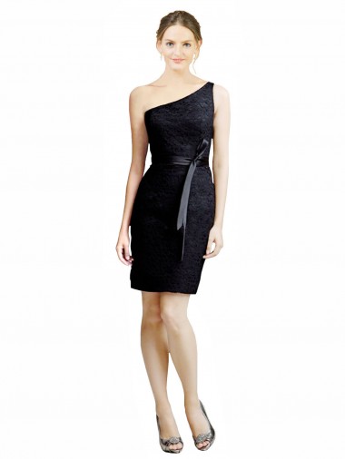 One Shoulder Short Lace Cocktail Bridesmaid Dress with Satin Waistband for Sale