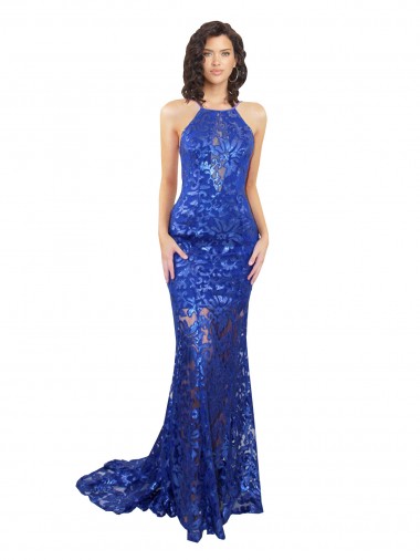 High Neck Long Open Back Lace Bridesmaid Dress / Prom Dress with Train for Sale