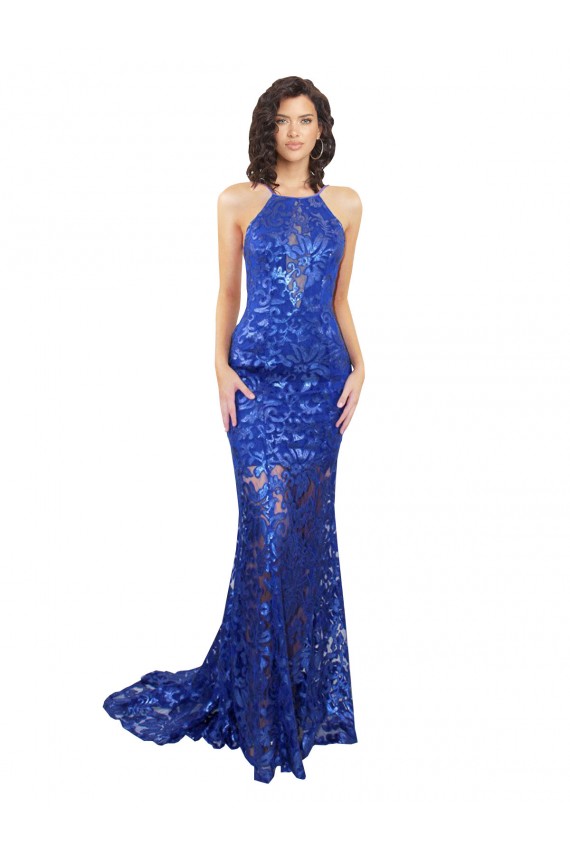 High Neck Long Open Back Lace Bridesmaid Dress / Prom Dress with Train for Sale