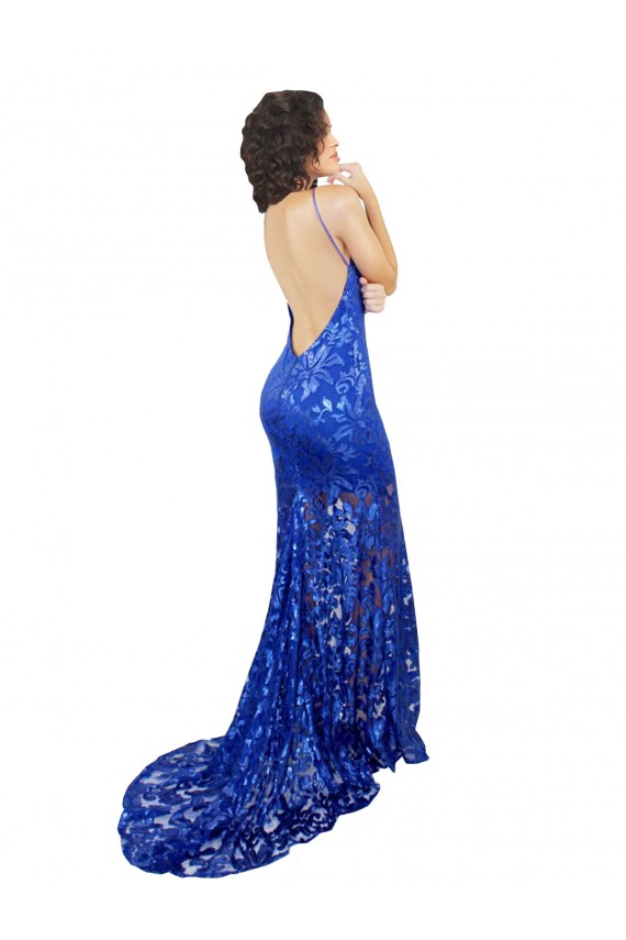 High Neck Long Open Back Lace Bridesmaid Dress / Prom Dress with Train for Sale