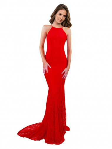 High Neck Long Formal Lace Bridesmaid Dress / Prom Dress with Open Back Straps for Sale