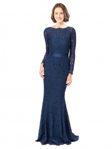 Long Sleeves Floor Length Vintage Lace Bridesmaid Dress with Deep V-Back for Sale