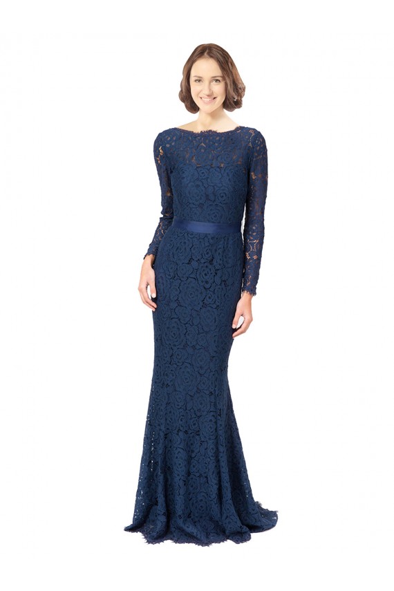 Long Sleeves Floor Length Vintage Lace Bridesmaid Dress with Deep V-Back for Sale