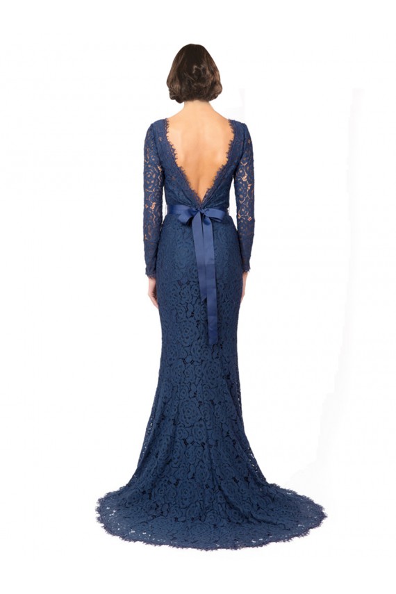 Long Sleeves Floor Length Vintage Lace Bridesmaid Dress with Deep V-Back for Sale