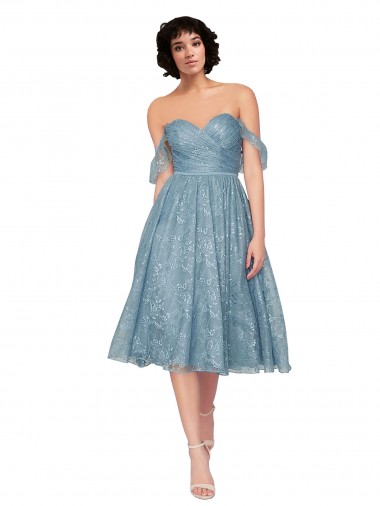 Off the Shoulder Sweetheart Chantilly Lace Midi Length Cocktail Bridesmaid Dress for Sale