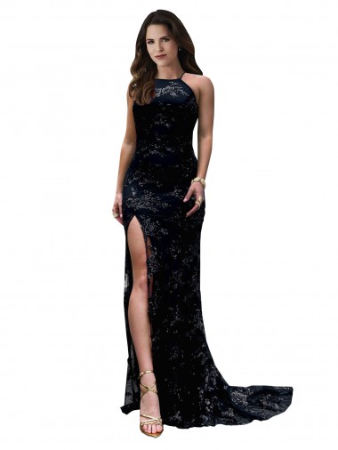 Formal High Neckline Lace Open Back Bridesmaid Dress / Prom Dress with High Slit for Sale