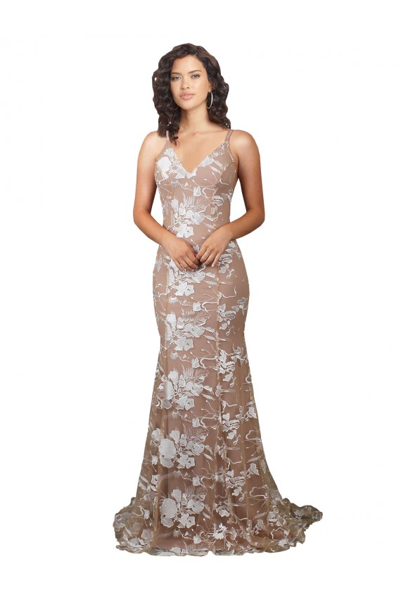 Fishtail Shaped V-Neck Embroidered Foral Lace Wedding Dress for Sale