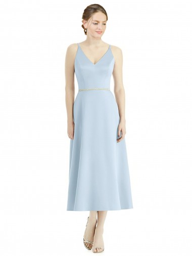 Short Tea Length V-Neck Satin Bridesmaid Dress for Sale