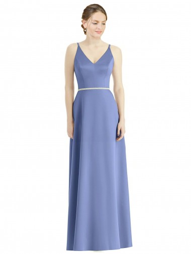 Long Floor Length V-Neck Satin Bridesmaid Dress with Spaghetti Straps for Sale