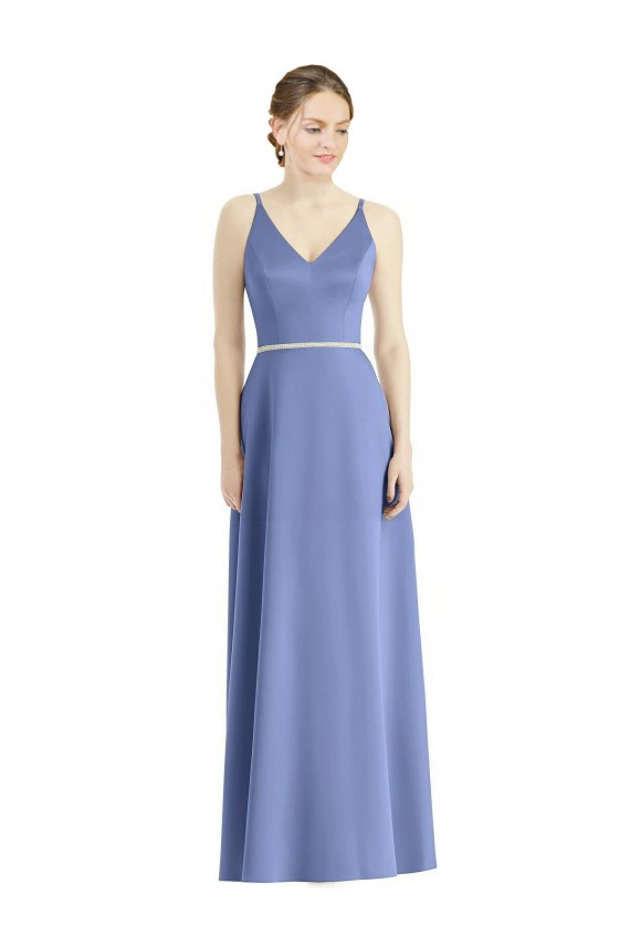 Long Floor Length V-Neck Satin Bridesmaid Dress with Spaghetti Straps for Sale