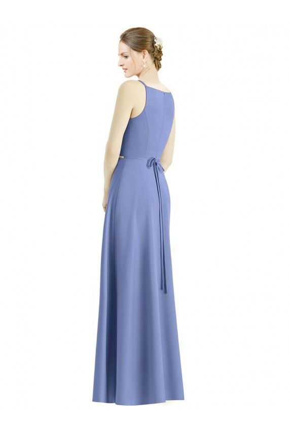 Long Floor Length V-Neck Satin Bridesmaid Dress with Spaghetti Straps for Sale