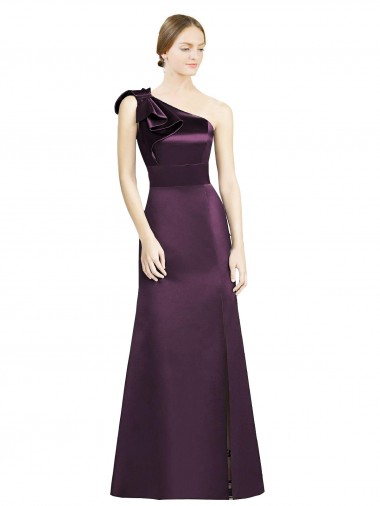 Full Length One Shoulder Satin Bridesmaid Dress with Bow Shoulder Detail for Sale