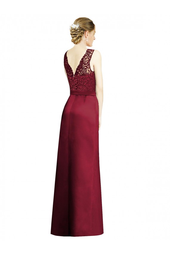 Full Length Sleeveless Satin Bridesmaid Dress with Lace Bodice for Sale