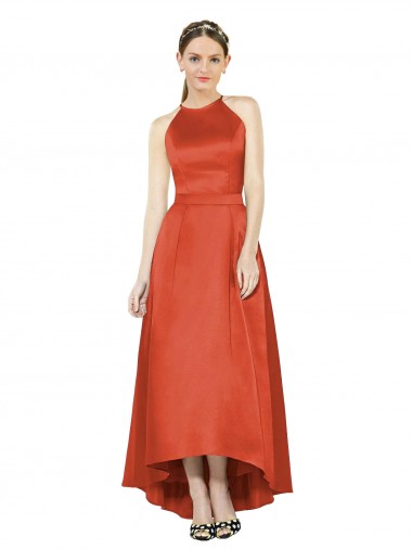 Full Length Halter Satin Bridesmaid Dress with Hi-Low Hem Detail for Sale