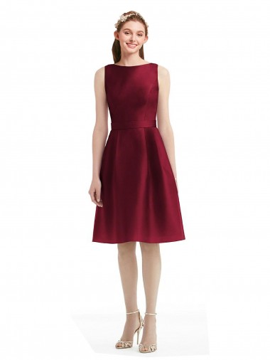 Short Midi Length Satin Cocktail Bridesmaid Dress with Bateau Neckline and V-Back for Sale