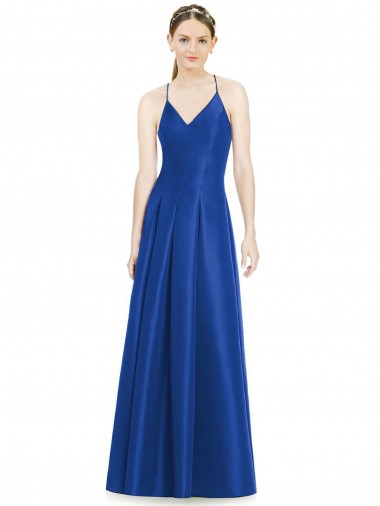 Full Pleated V-Neck Long Satin Bridesmaid Dress with Criss Cross Open Back for Sale