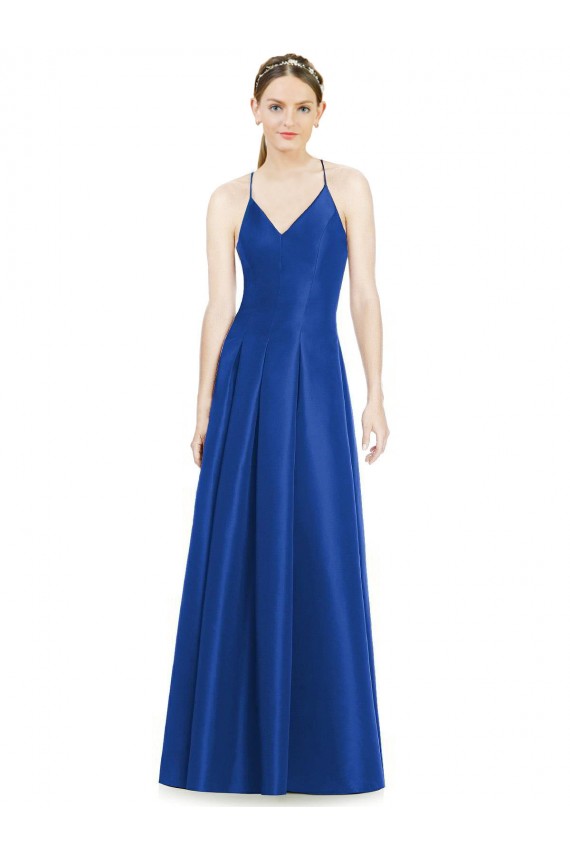 Full Pleated V-Neck Long Satin Bridesmaid Dress with Criss Cross Open Back for Sale