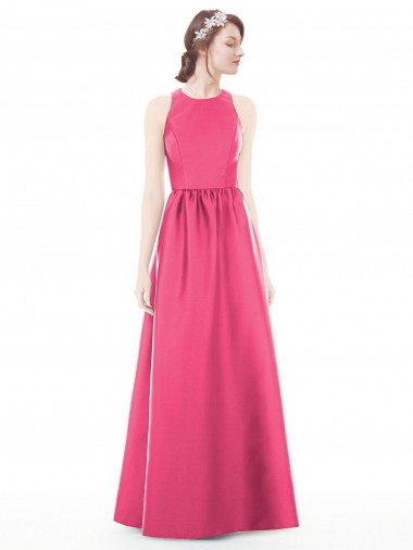 Jewel Neck Keyhole Back Sleek Long Satin Bridesmaid Dress for Sale