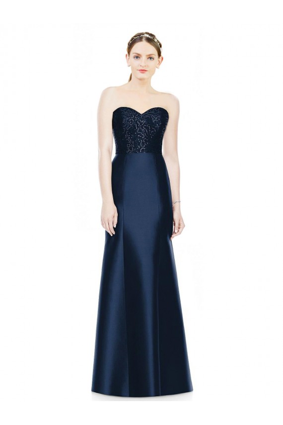 Full Length Strapless Satin Bridesmaid Dress with Lace Sweetheart Neckline for Sale