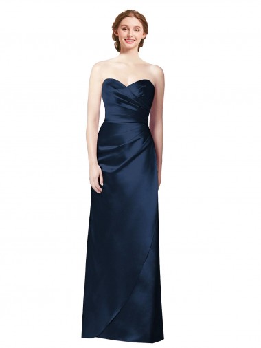 Faux Wrap A-Line Long Satin Bridesmaid Dress with Draped Bodice for Sale