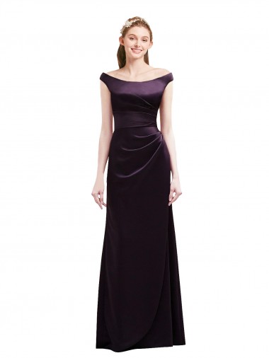 Off The Shoulder Long Satin Bridesmaid Dress with Asymmetrical Pleated Bodice for Sale