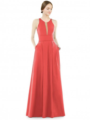 Sheer V-Neck Tulle Illusion Long Satin Bridesmaid Dress for Sale