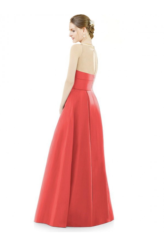 Sheer V-Neck Tulle Illusion Long Satin Bridesmaid Dress for Sale